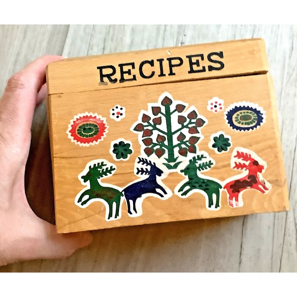 Vintage Recipe Box Wooden Nevco Painted Deer MCM Made In Japan